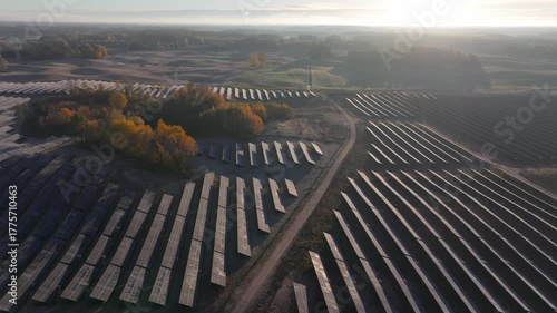 Huge solar farm in countryside, aerial drone view, solar panels, early morning golden hour