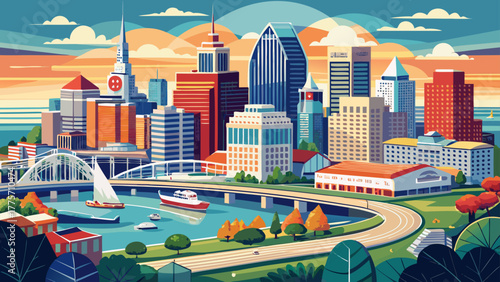 Very beautiful aerial perspective over downtown Louisville, Kentucky, USA, showcasing the Ohio River, modern skyscrapers, bridges, and scenic waterfront under a bright and clear sky.