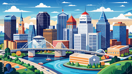 Very beautiful aerial perspective over downtown Louisville, Kentucky, USA, showcasing the Ohio River, modern skyscrapers, bridges, and scenic waterfront under a bright and clear sky.