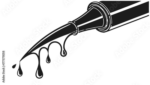 Illustration of a tube with liquid dripping from the end in a monochrome black and white design style vreated with genrated ai
