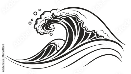 Stylized black and white drawing of an ocean wave with foam and bubbles in a simple design vreated with genrated ai