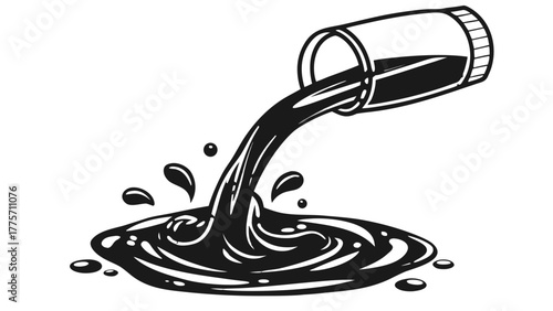 Illustration of a liquid pouring from a container forming a puddle with several small drops around it vreated with genrated ai