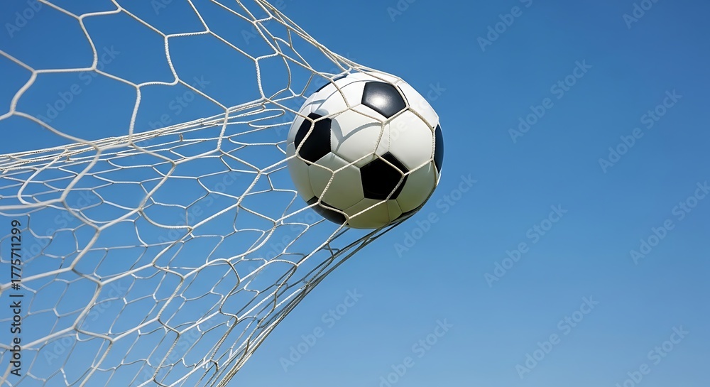 Fototapeta premium Soccer ball in net against clear blue sky football goal