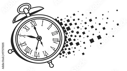 Vintage alarm clock with roman numerals and dissolving pixel effect in black and white illustration vreated with genrated ai