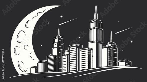 Illustration of a cityscape at night with a large moon and shooting stars in a black and white style vreated with genrated ai