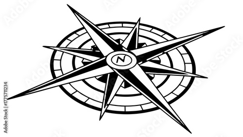 Detailed black and white compass rose with an inner circle and eight points indicating direction on white vreated with genrated ai