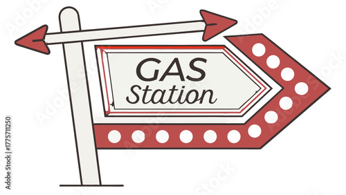 Illustration of a gas station sign with arrows and the words gas station in black lettering vreated with genrated ai