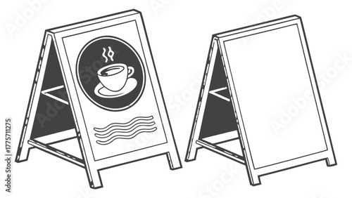 Two sandwich boards one with a coffee cup and steam and the other is blank standing side by side on floor vreated with genrated ai