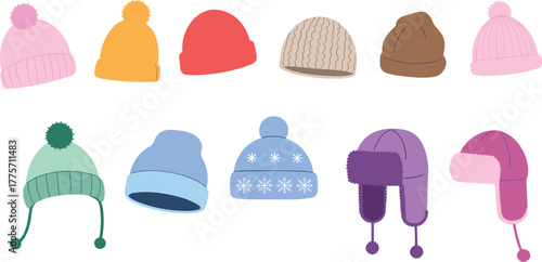 Colorful winter beanie and trapper hat collection, cozy knitted headwear fashion set, warm vector illustration
