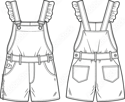 Stylish ruffle strap dungaree shorts, fashionable overall design for women, modern summer outfit vector illustration
