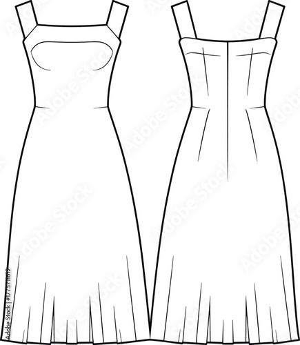 Stylish sleeveless midi dress, pleated skirt design, elegant fashion flat sketch, vector illustration front and back