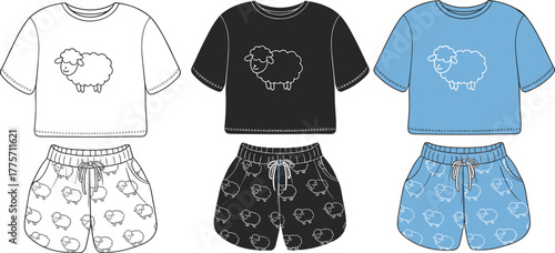 Cute sheep print kids outfit set, t-shirt and shorts design, colorful fashion flat vector illustration