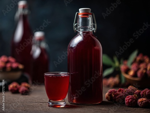 Deep Red Korean Raspberry Fruit Liquor In Glass Surrounded By Fresh Berries