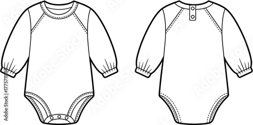 Baby onesie technical drawing, long sleeve infant bodysuit, raglan sleeve sketch, elastic cuff detail, snap closure, fashion flat vector