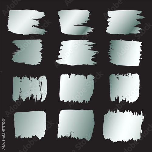 Silver brush stroke. Dirty texture set. Box, frame, or background for text. Vector.