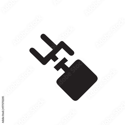 Black and white illustration of a stylized, modern, abstract robotic arm with a square base and pincer-like gripper