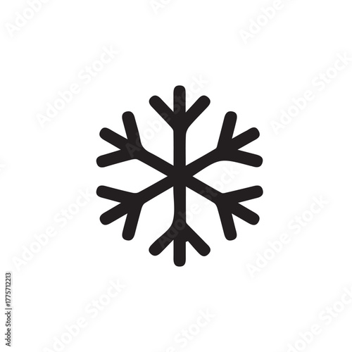 A black and white minimalist icon of a snowflake, symbolizing winter, cold, and frost, perfect for weather or seasonal designs