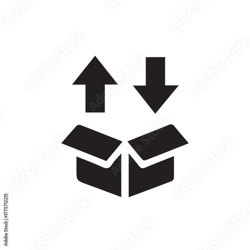 Shipping and receiving cardboard box icon with upward and downward arrows, symbolizing efficient package delivery, logistics, inventory management, and e-commerce fulfillment processes
