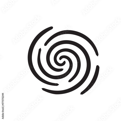 Abstract black spiral swirl icon, a minimalist line art graphic of a vortex or hurricane symbol, isolated on a white background for modern logo design