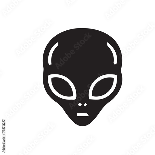 Stylized graphic illustration of an extraterrestrial head, a classic depiction of an alien being from another planet, symbolizing mystery, science fiction, and the vastness of space exploration