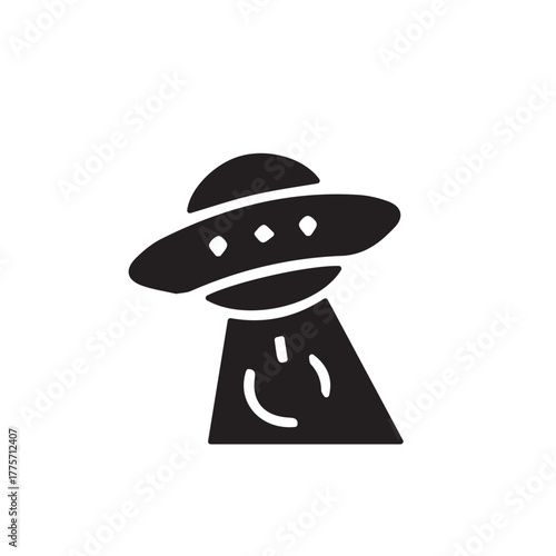 Stylized icon depicting a classic flying saucer with an illuminating beam, symbolizing alien encounters, mysterious phenomena, and science fiction themes for modern design