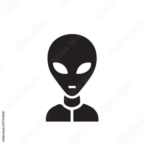 Conceptual design of a classic grey alien icon. Solid black silhouette for science fiction and UFO themes