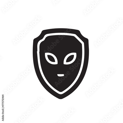 Stylized extraterrestrial visage integrated into a strong shield design, depicting themes of cosmic protection, intergalactic security, or mysterious guardianship in a versatile graphic