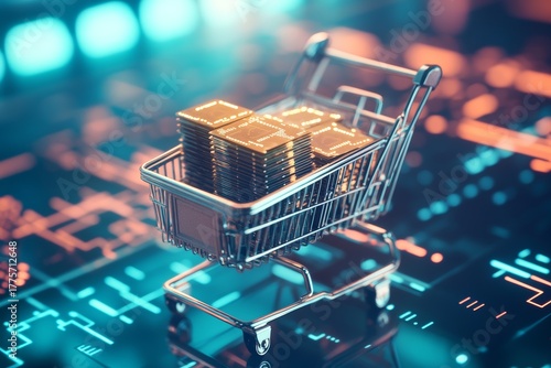 Digital Commerce: Shopping Cart Filled with Computer Microchips on Tech Background