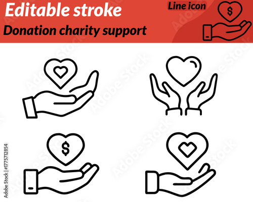 A heartfelt flat-style vector icon symbolizing charity generosity and helping others. The design features a hand holding a heart coin or gift box representing donations volunteerism and kindness.