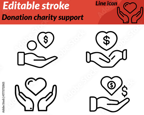 A heartfelt flat-style vector icon symbolizing charity generosity and helping others. The design features a hand holding a heart coin or gift box representing donations volunteerism and kindness.