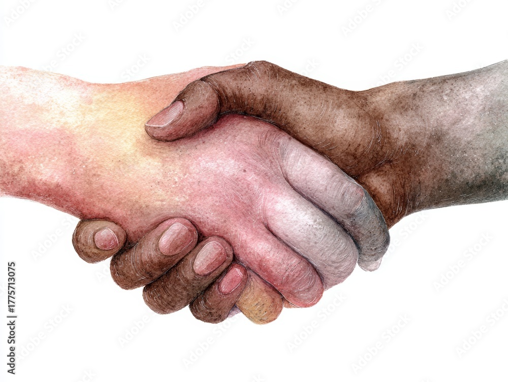 Fototapeta premium Diverse handshake watercolor painting symbolizing unity and peace