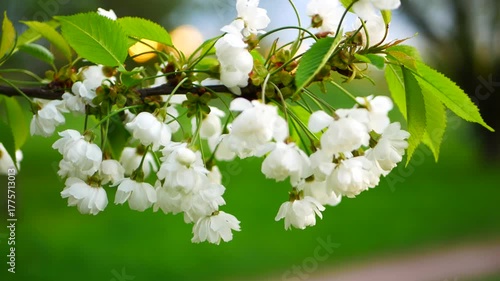 White flowers on a tree in a spring garden. Sunset in the park in spring.