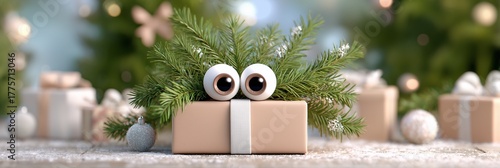 Festive gift box with googly eyes and pine branches.