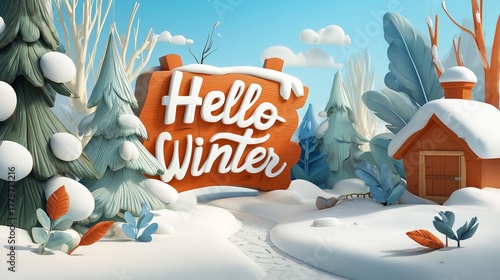 Colorful winter landscape with snow-covered trees and a cozy cabin.