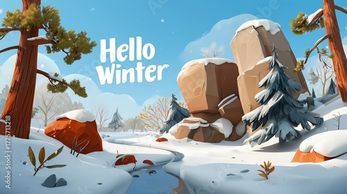 Winter landscape featuring rocks, snow, and evergreen trees.