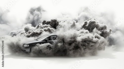 A powerful car emerging from dense smoke, creating a dramatic visual effect and showcasing automotive strength.
