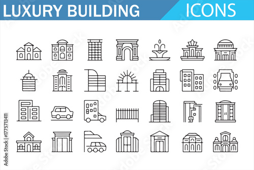 Elegant minimal architecture icons representing luxury buildings