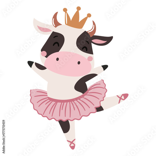 Flat vector illustration in a simple children's style on a white background. A cute cow in a ballet tutu is dancing ballet. . Vector illustration