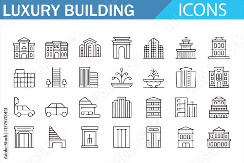 Minimal line icons of construction, landmark, and apartment structures