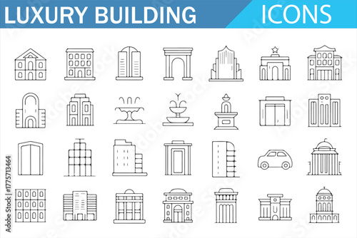 Luxury building architecture icons set. Collection of modern real estate, hotel, office, and landmark design line icons. Urban skyline, property, and construction symbol pack on white background.