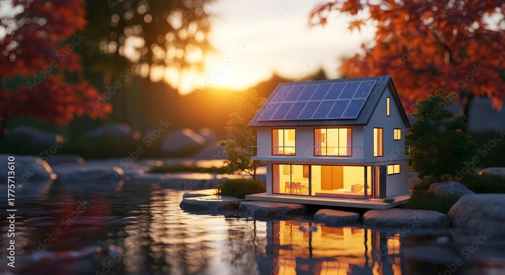 Fototapeta premium Eco-Friendly Home by the Lake Sustainable Living with Solar Panels in Nature