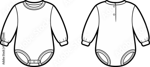 Baby onesie, long sleeve infant bodysuit, front and back view, snap closure, button back, clothing template, fashion flat, vector illustration