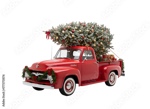 Festive Red Pickup Truck with Christmas Tree 2026, Gifts & Wreaths. Holiday Spirit 2026. on white background