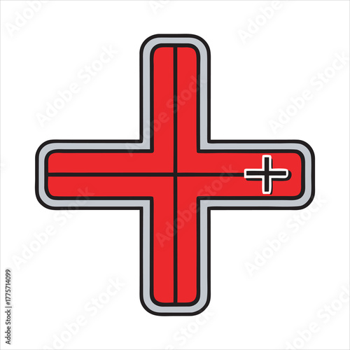 Red plus symbol with grey outline and subtle textures for digital use