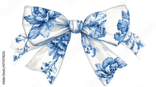 Elegant Watercolor Bow with Blue and White Floral Peony Pattern