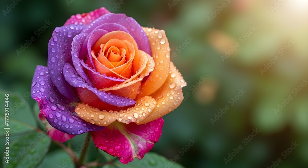 Fototapeta premium Rainbow Rose with Water Droplets - A Colorful Blossom Against Green Backdrop