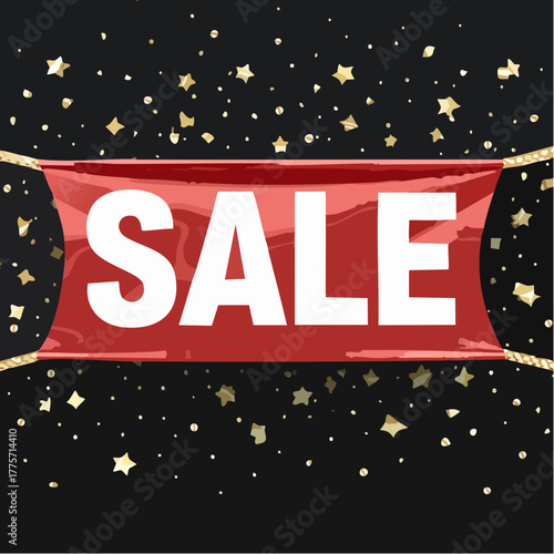 A bold �Sale� banner is draped across a plain black background with confetti and sparkles.