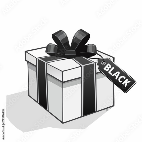 A gift box wrapped in black ribbon sits on a white background with a �Black Friday� tag attached.