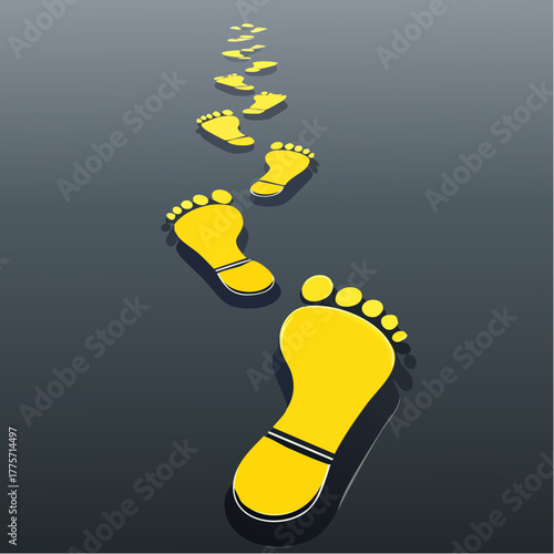 A path of bright, yellow footprints appears across a dark, smooth floor, indicating a massive, silent rush.