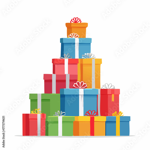 A towering mountain of stacked, brightly colored, generic gift boxes is precariously balanced, ready to tumble.